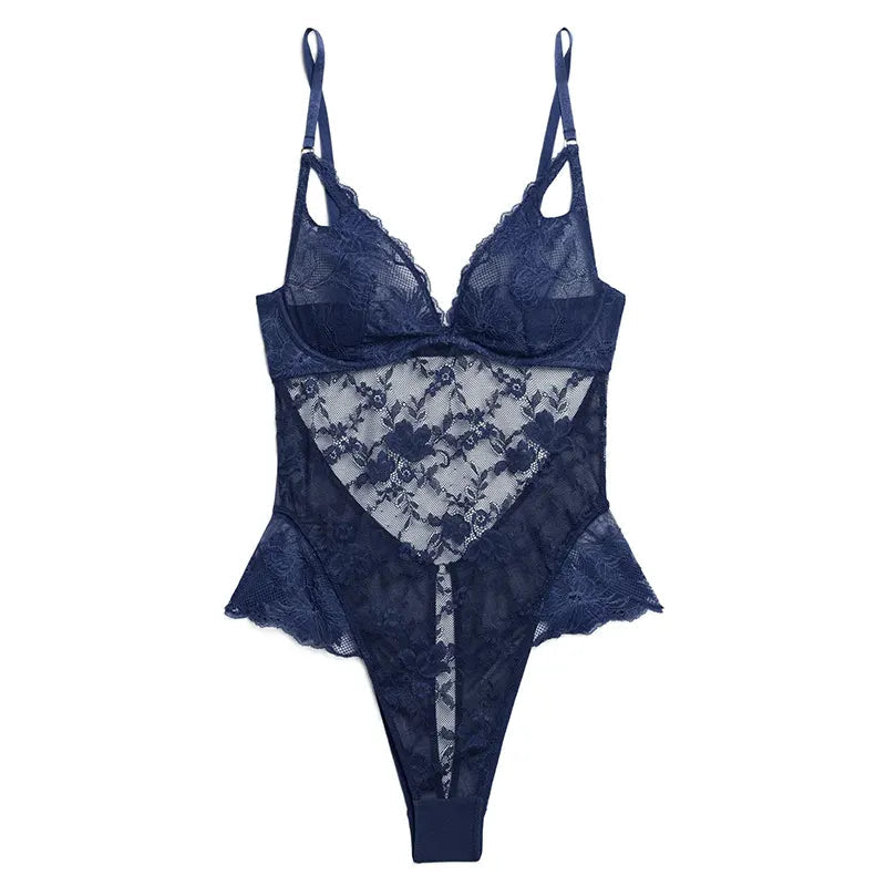 Blue Backless Lace Erotic Bodysuit