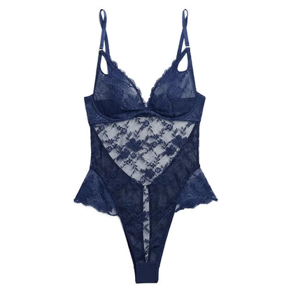 Blue Backless Lace Erotic Bodysuit